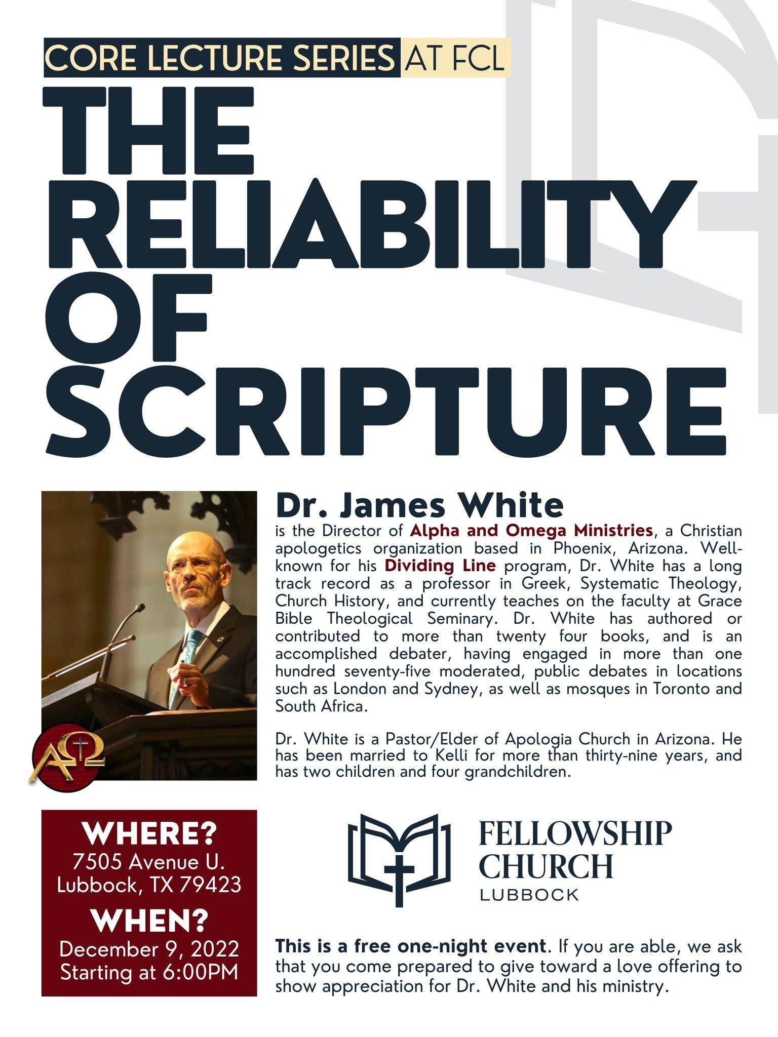 Road Trip Schedule - December 9, 2022- The Reliability of Scripture - Fellowship Church, 7505 Avenue U, Lubbock, Texas